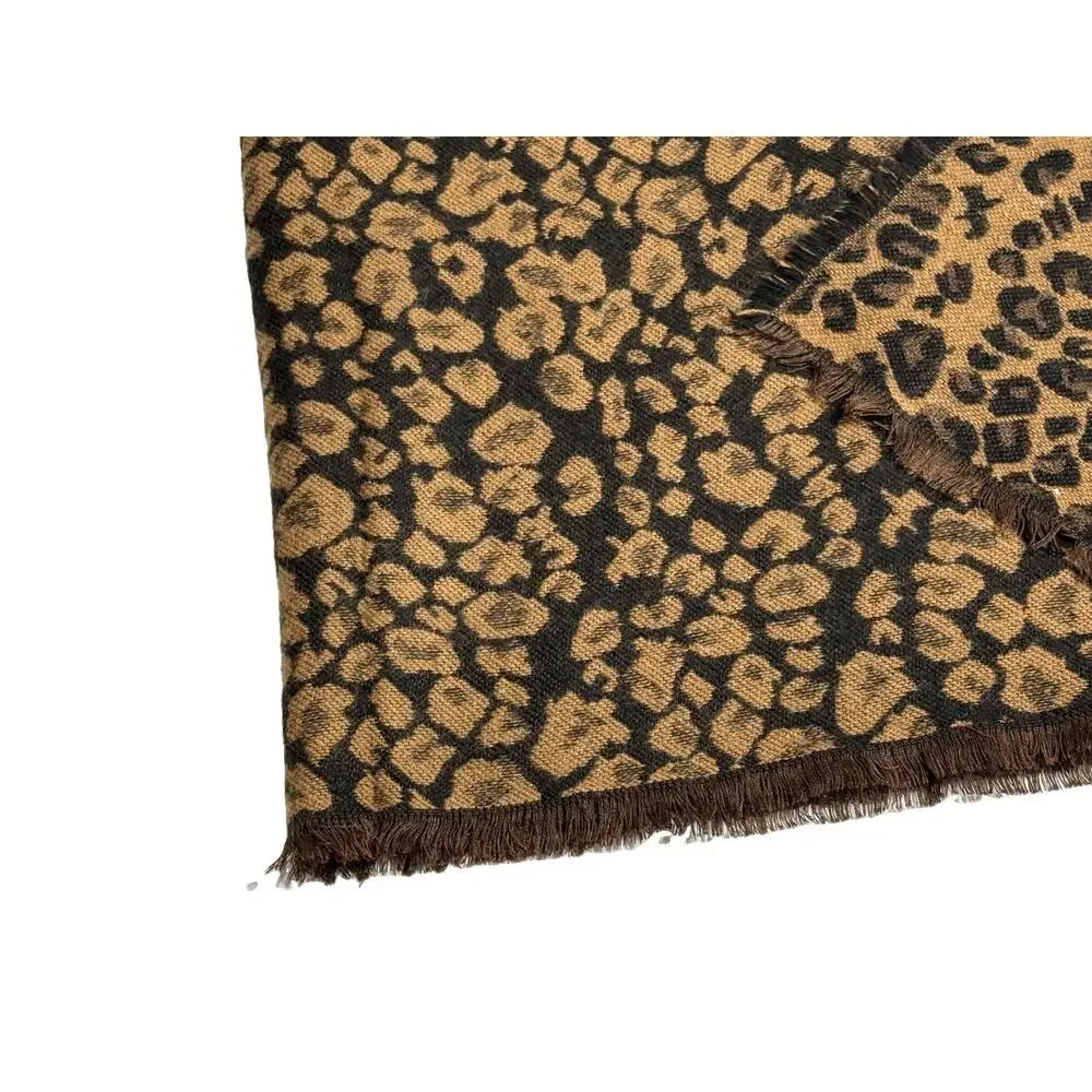 Brown Tan Animal Print Throw Blanket Accent Quilt Cover Leopard Fringe Trim Soft